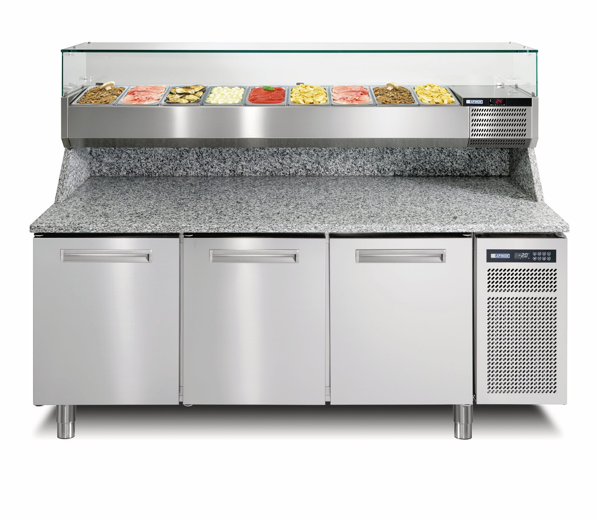 Pizzatisch mit Kühlaufsatzvitrine 9 x GN 1/3, 3 Türen