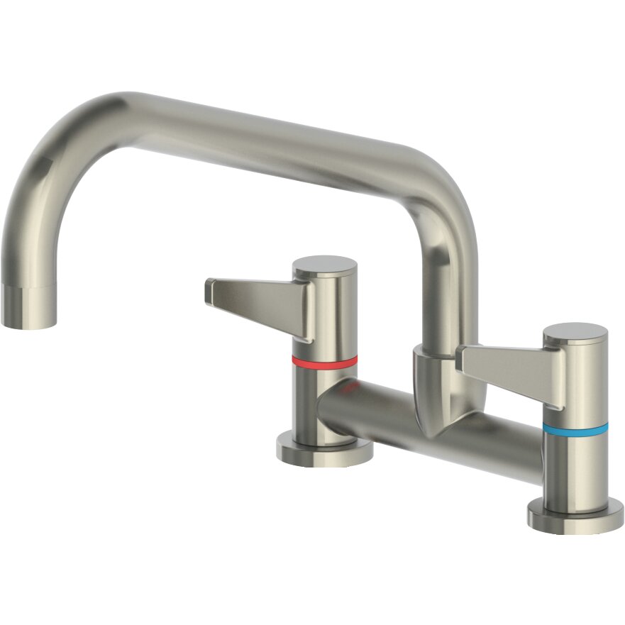 Edelstahl-Wasserarmatur mit Zweigriffmischer und Auslauf für Zweilochmontage