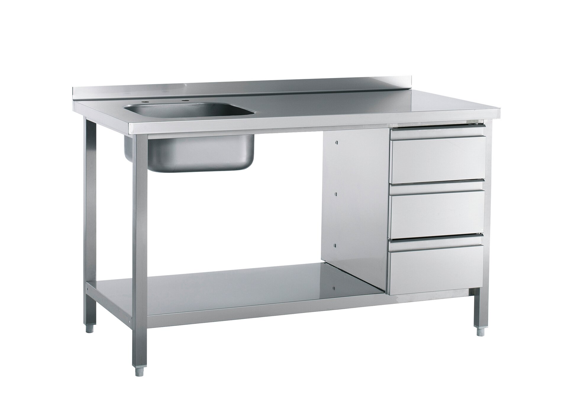 Spültisch mit 50 mm Aufkantung mit Ablageboden Schubladenblock 1 Becken li.