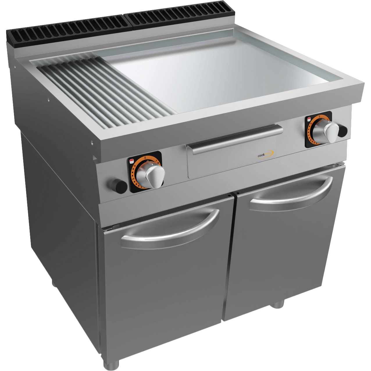 Gas-Grillplatte, glatt + gerillt, verchromt, mit Unterbau mit Türen