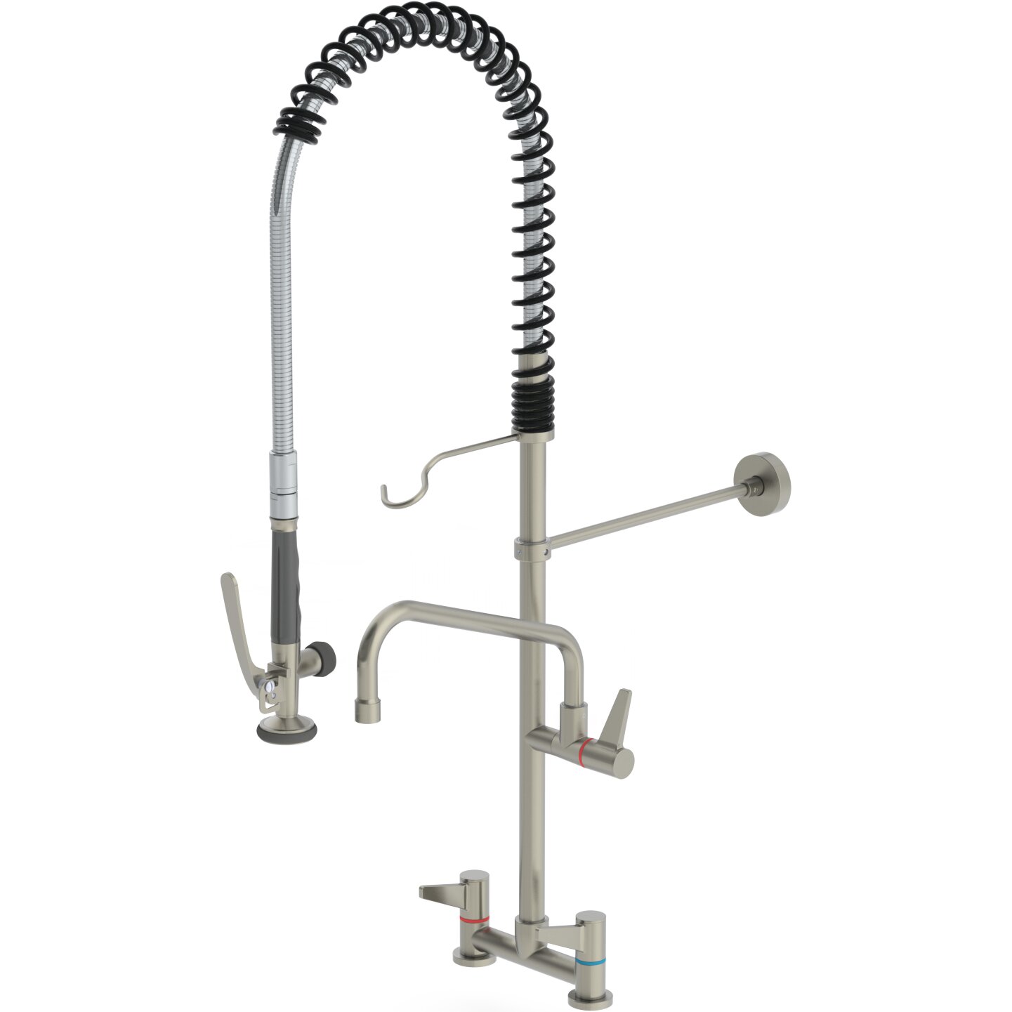 Edelstahl-Geschirrbrause mit Zweigriffmischer und Auslauf für Zweilochmontage