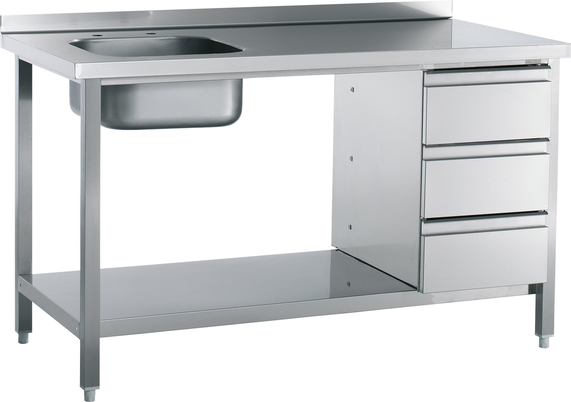 Spültisch mit 50 mm Aufkantung mit Ablageboden Schubladenblock 1 Becken re.