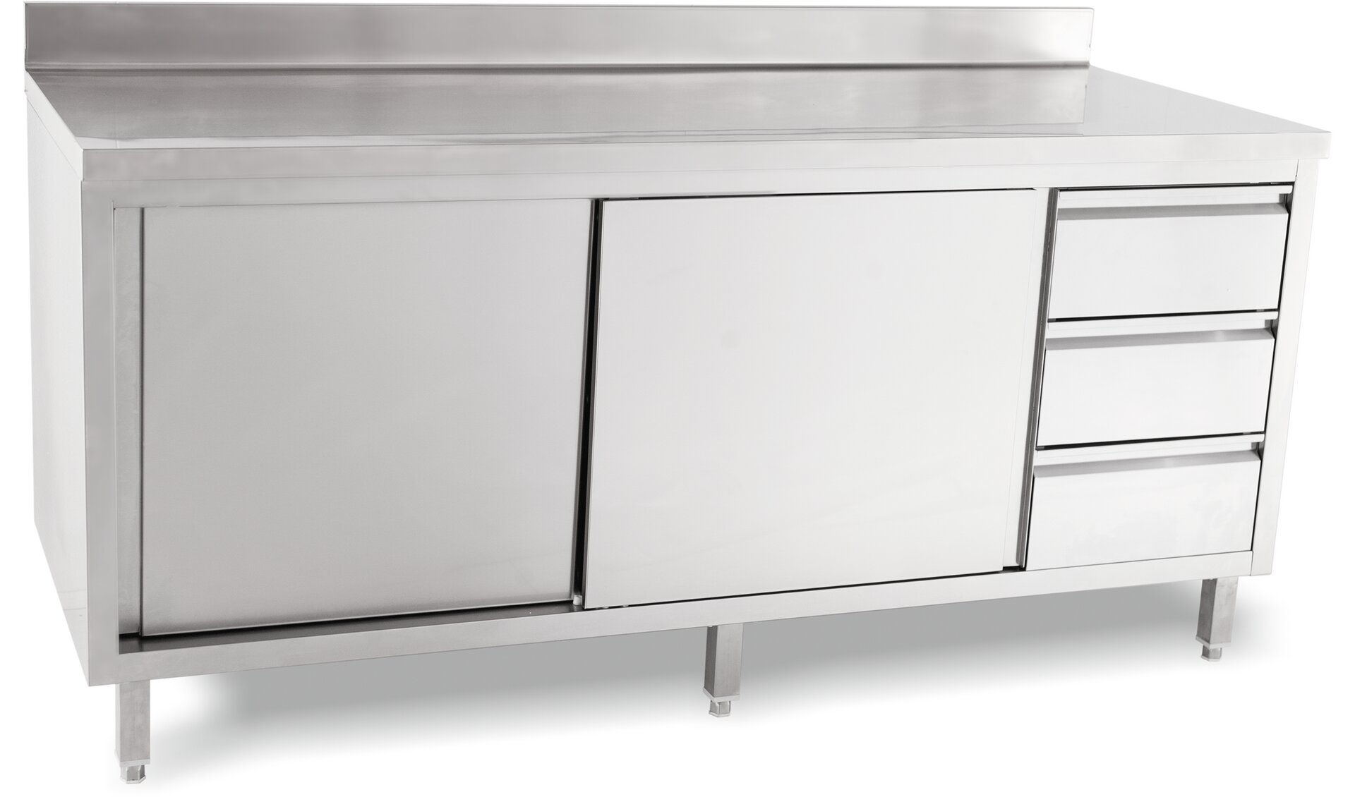 Arbeitsschrank mit Schiebetüren mit 50 mm Aufkantung Schubladen links