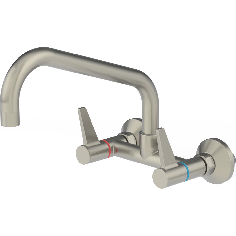 Edelstahl-Wasserarmatur mit Zweigriffmischer und Auslauf für Wandmontage